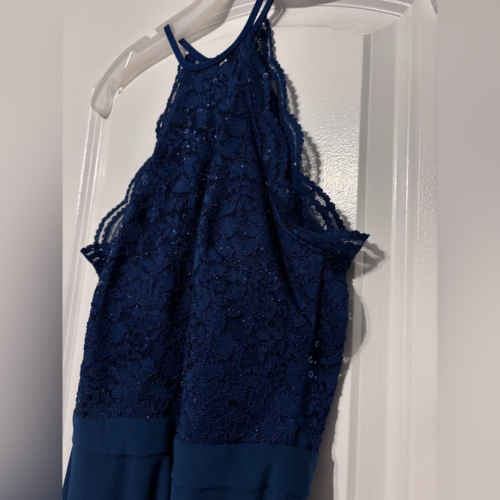 Morgan & Co Blue Sequin Halter Gown Prom Formal Dress Y2K Glam Size 3 - Picture 5 of 9